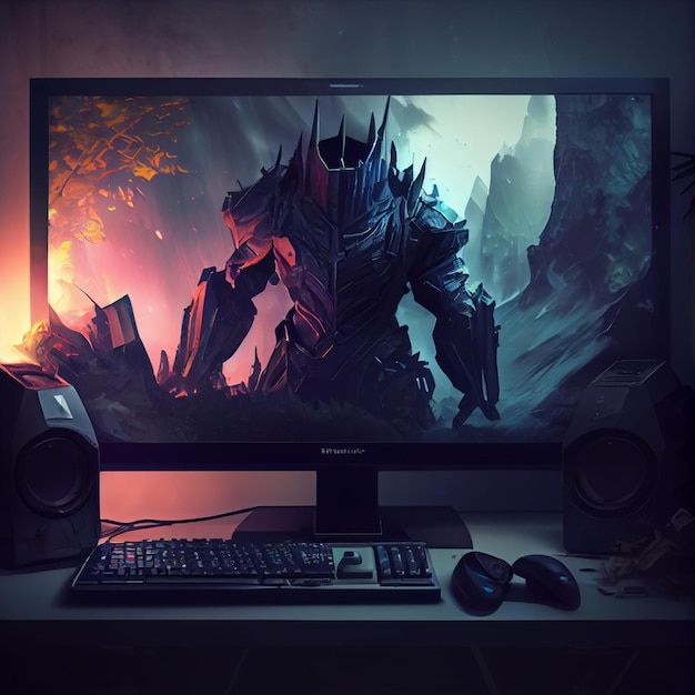 Soldier gamer playing on desktop PC computer gaming illustration