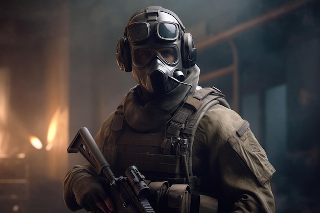 A soldier in a gas mask stands in a dark room with a lit up building in the background.