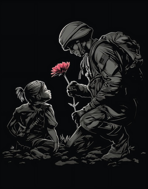 Soldier Giving Flower to Child in a Peaceful Moment