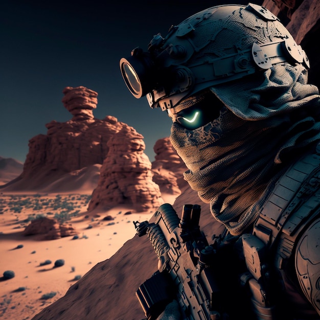 Soldier in a helmet and combat goggles during an operation in the desert