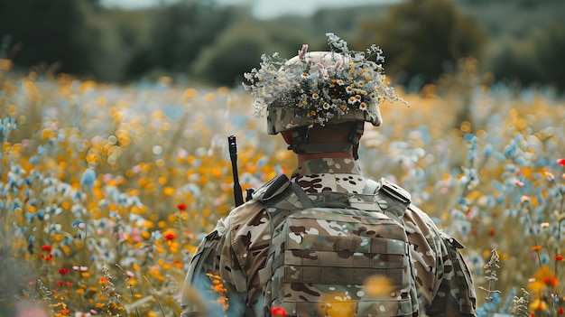 A soldier in a helmet with a wreath of flowers sits in the middle of a flower field