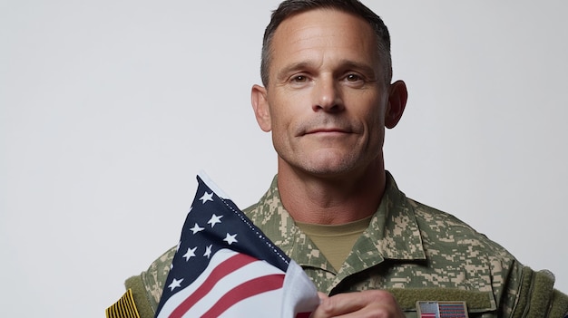 a soldier holding a small american flag