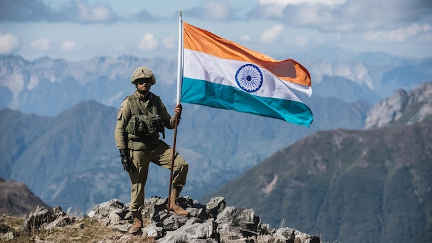 a soldier holds a flag in front of a mountain