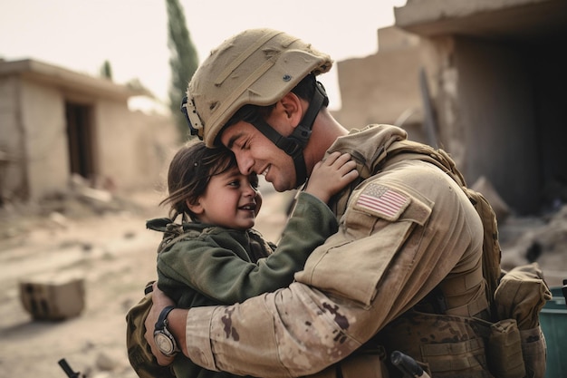 A soldier hugging a child in a wartorn village Generative AI