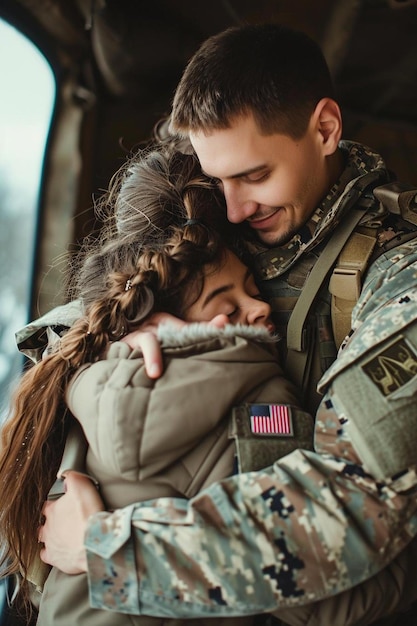 Photo a soldier hugging a little girl in a military uniform