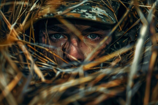 Photo a soldier is camouflaged in a pile of grass staying hidden and observant create an image of a hunter waiting patiently in a hidden blind