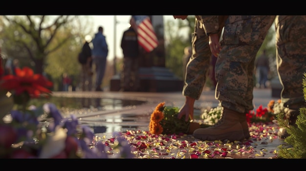 Photo a soldier is putting flowers in a puddle of water