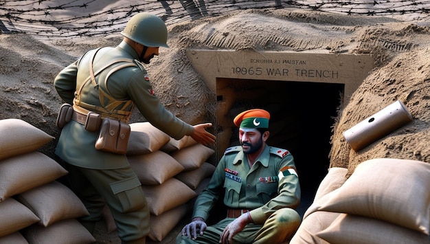 a soldier is shaking hands with a soldier in front of a building that says war war