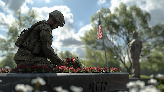 a soldier is sitting in a grave with a flag in the background