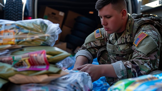 Photo a soldier is sitting on a table with a package of food