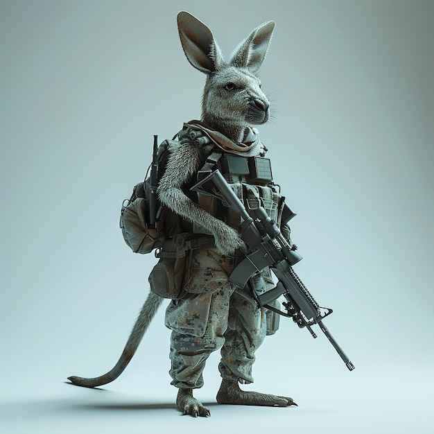 A Soldier kangaroo holding guns Realistic kangaroo soldier