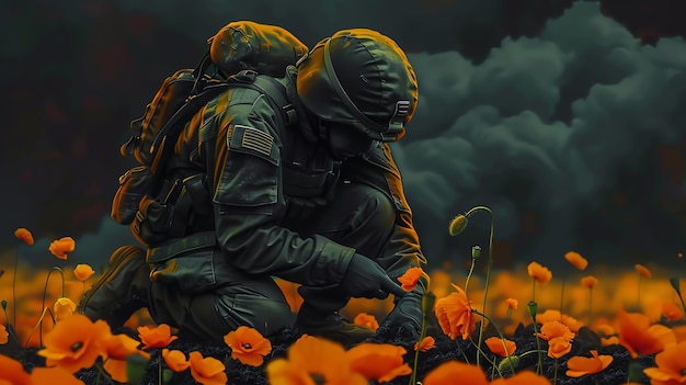 A soldier kneeling in a field of green planting a single red poppy