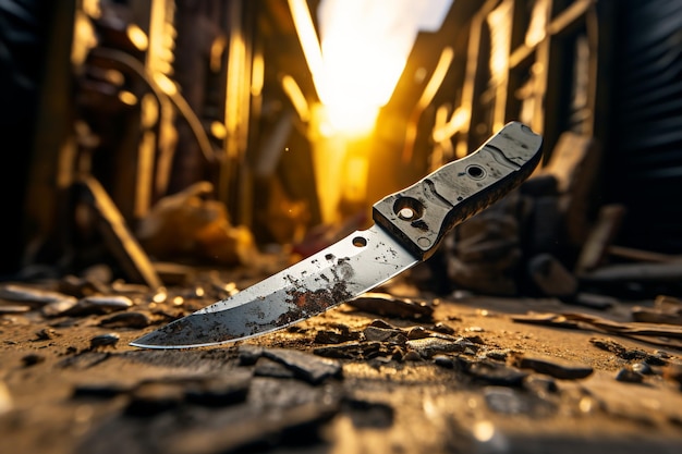 Soldier knife in the middle of a destroyed building