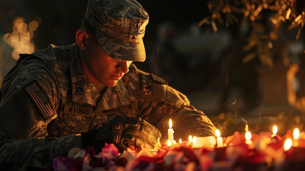 a soldier lighting candles with the word quot army quot on it