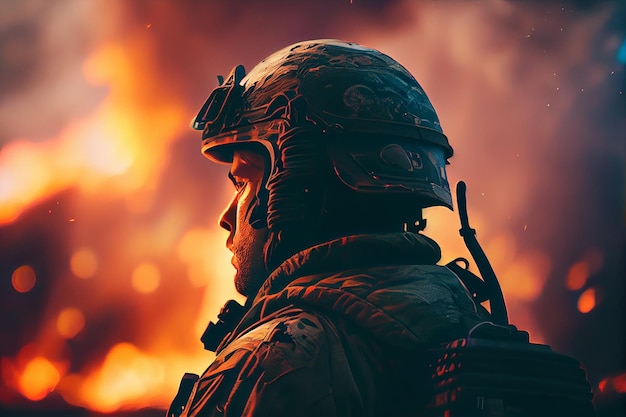 A soldier looking at a burning battlefield Generative AI