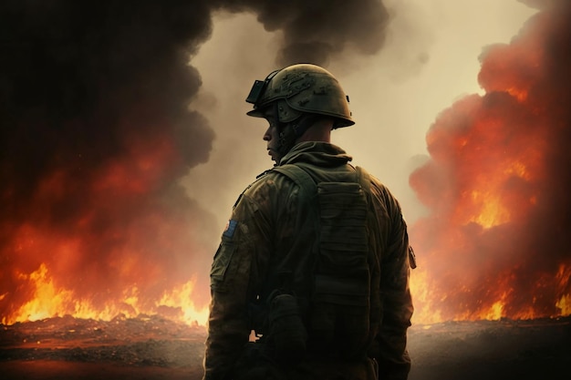 A soldier looking at a burning battlefield