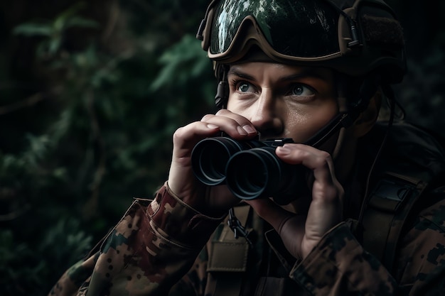 A soldier looks through binoculars in a dark forest.