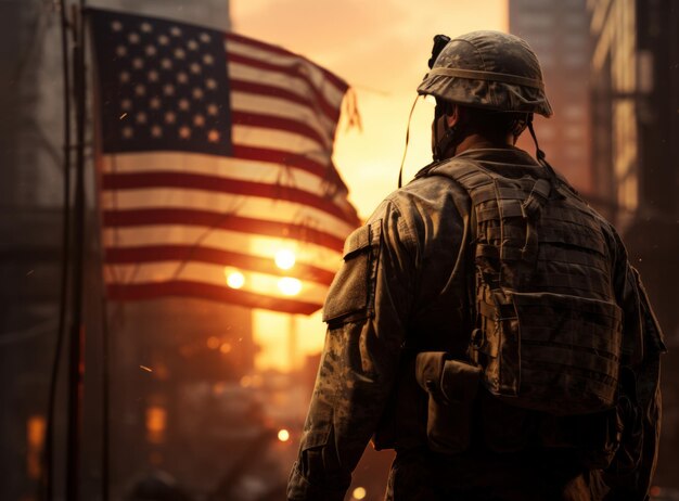 Soldier in a military uniform on the background of the American flag