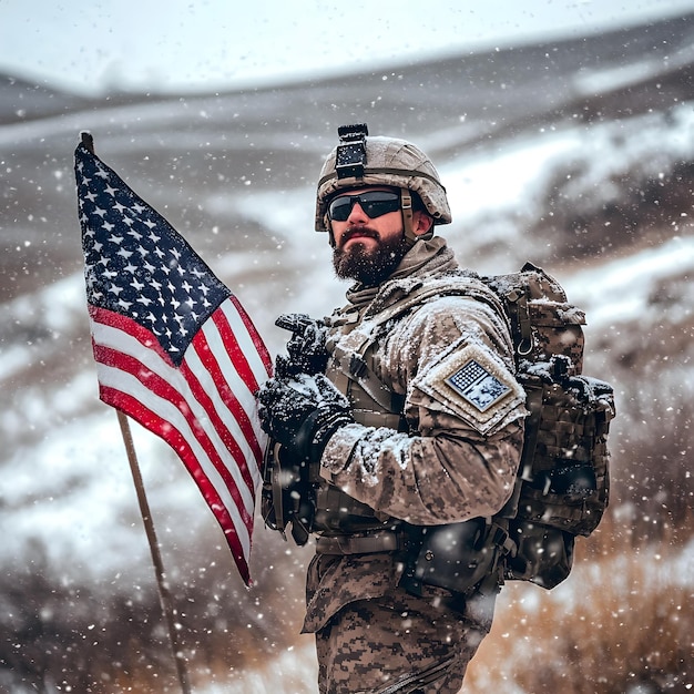 Photo a soldier in a military uniform holds a flag in the snow