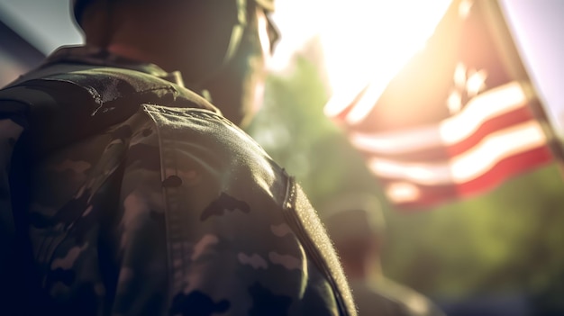 A soldier in a military uniform looks out over a crowd.