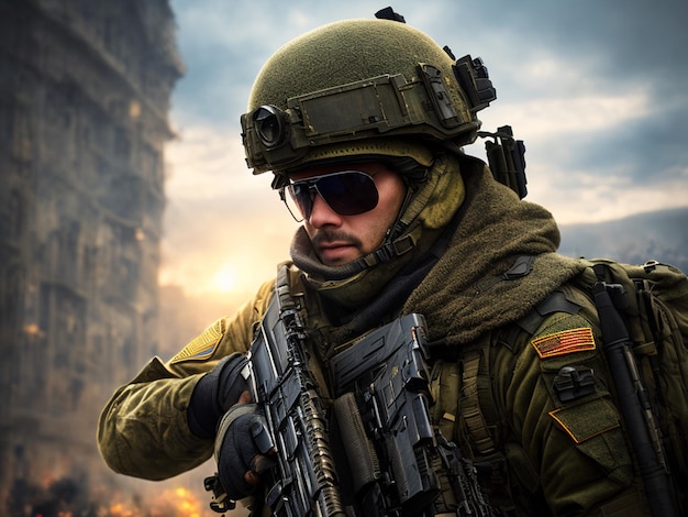 A soldier in a military uniform stands in front of a destroyed building.