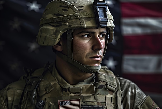 A soldier in a military uniform stands in front of a flag that says u. s. army.