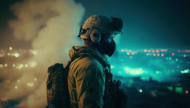 A soldier in a military uniform stands in front of a smoke filled sky.