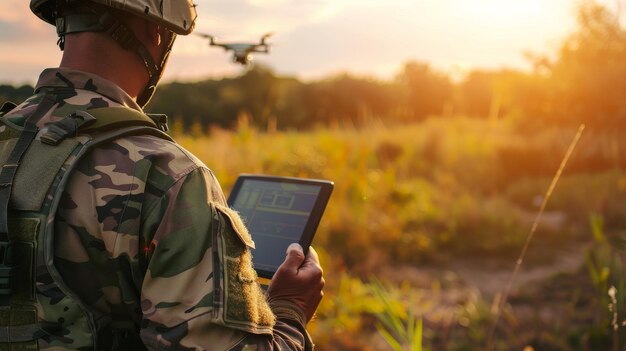 Photo soldier operating a drone using a tablet in a sunlit field highlighting military technology and modern equipment