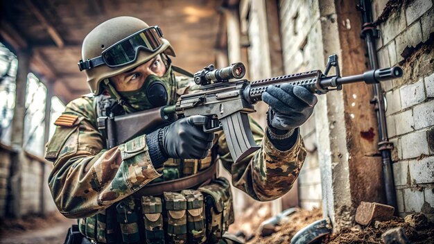 Photo the soldier in the performance of tasks in camouflage and protective gloves holding a gun the zone