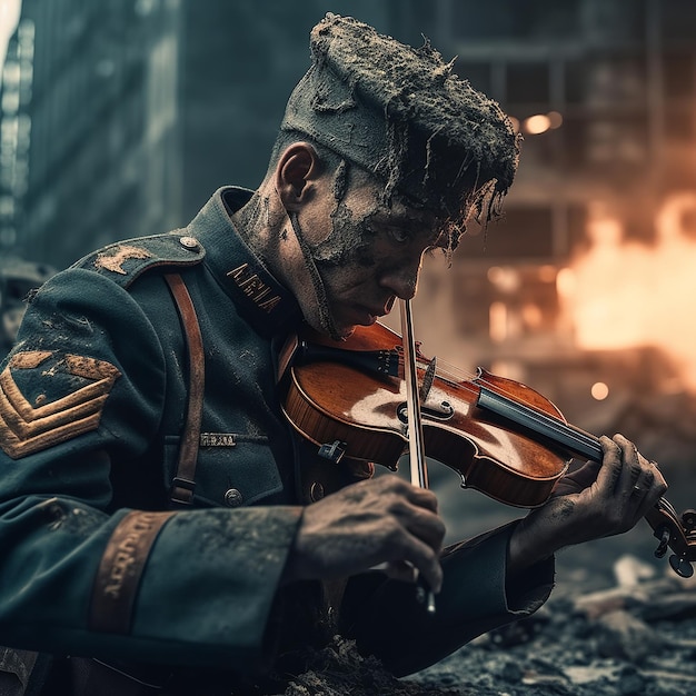 A soldier playing the violin