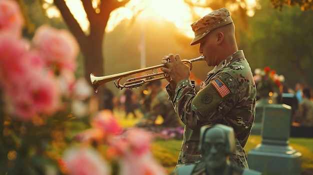 a soldier plays a trumpet in front of a crowd of people