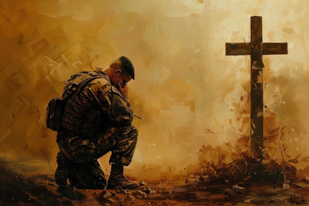 Soldier prays in front of cross amidst smokefilled landscape Christian male kneels on ground with