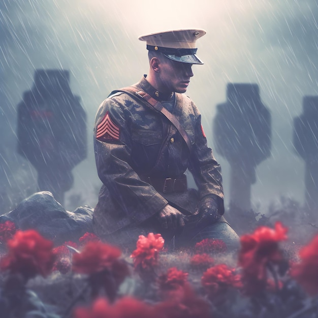 A soldier in a rain storm with the words army on the front.