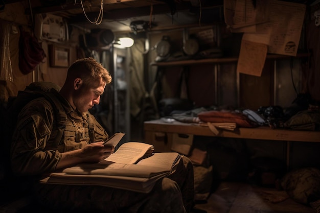 A soldier reading a book in their barracks during downtime Generative AI