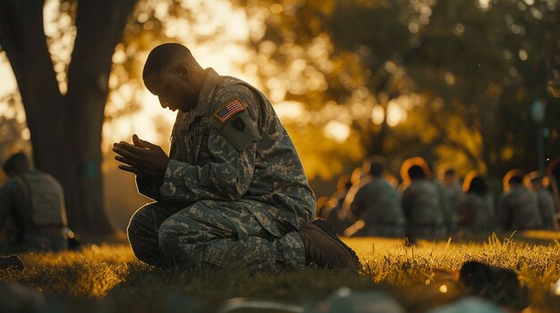 a soldier reads a book while sitting on the grass