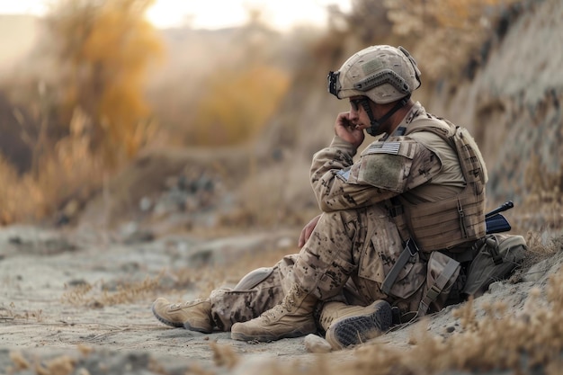 A soldier rests on the sandy ground of a desert surrounded by vast stretches of arid landscape under a clear sky A soldier sitting alone looking exhausted and contemplative AI generated