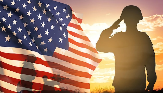 A soldier saluting in front of an american flag