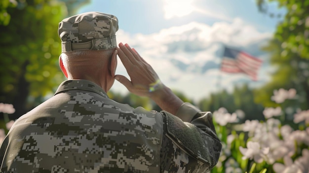 Photo a soldier saluting in front of a flag and a flag