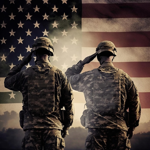 A soldier saluting in front of a flag