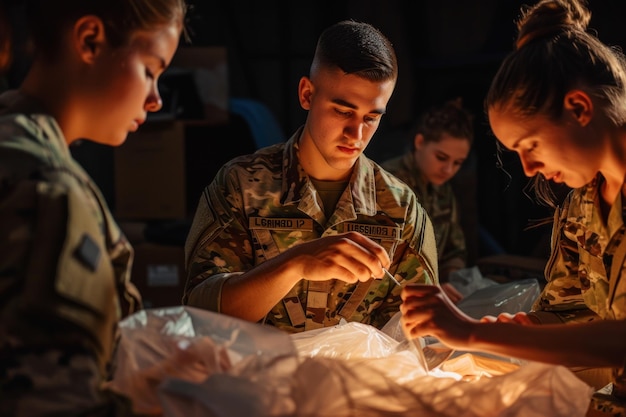 Photo soldier sharing food with group of military personnel in uniform sitting together displays unity and camaraderie among the soldiers