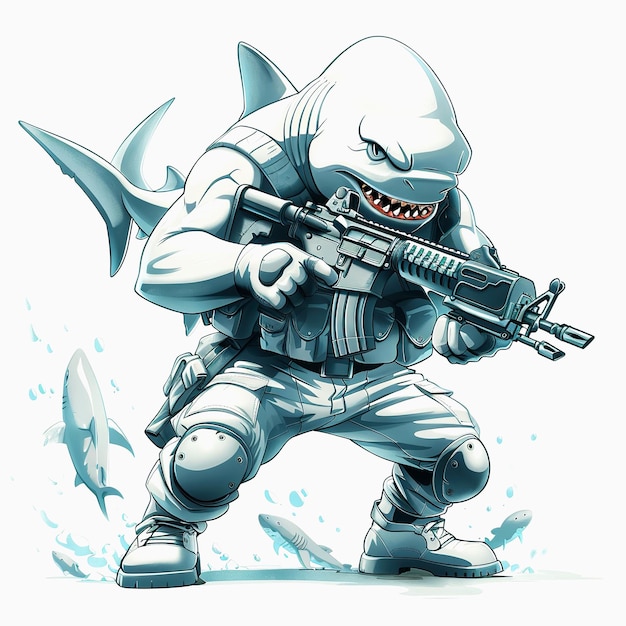 A Soldier shark cartoon illustration 3D Army shark Soldier cartoon with weapons