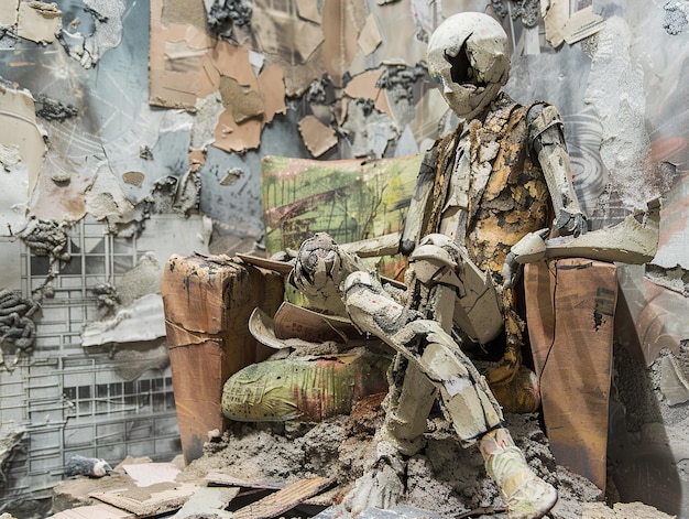 a soldier sits in front of a wall with a picture of a soldier