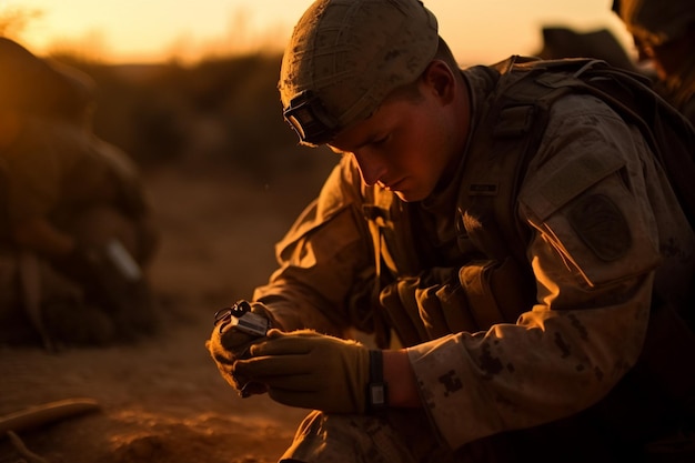 A soldier sits on the ground and looks at something in his hands.