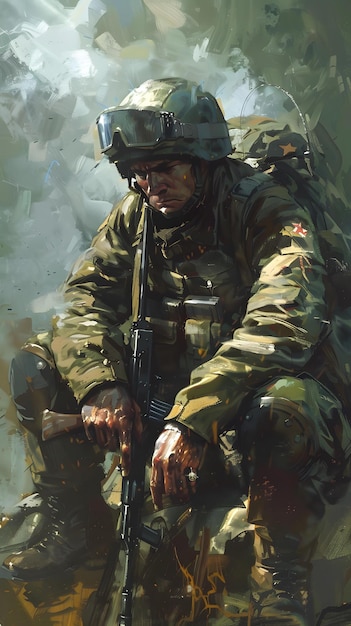 A soldier sits on a rock in a contemplative pose He is wearing a helmet and a backpack His face is obscured by his helmet but his eyes are visible The background is a blur of green and brown