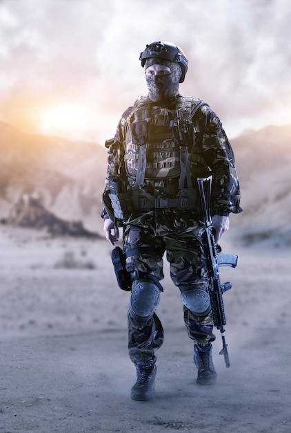 A soldier of special forces walks through the desert