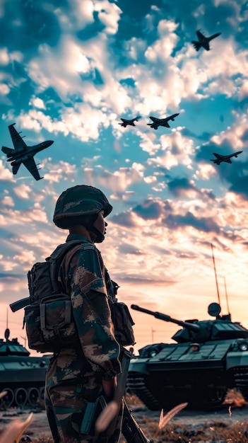 Soldier standing in front of bunch of tanks and planes in the sky