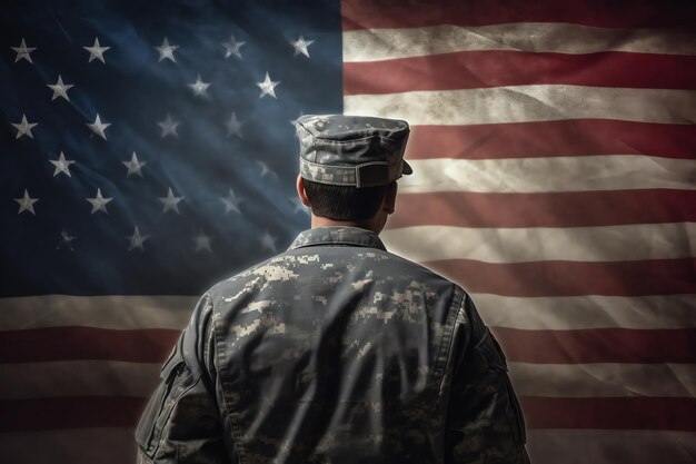 A soldier standing in front of a flag the waving symbolize patriotism