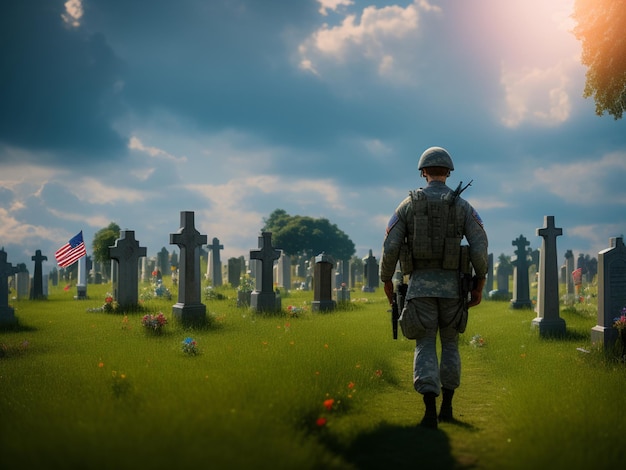 A soldier stands in a cemetery with the words u. s. army on the left.