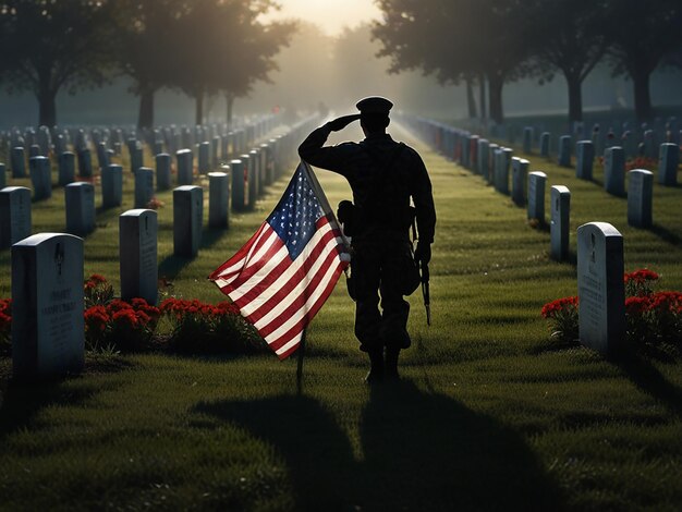 a soldier stands in a field of red flowers with a flag in the background