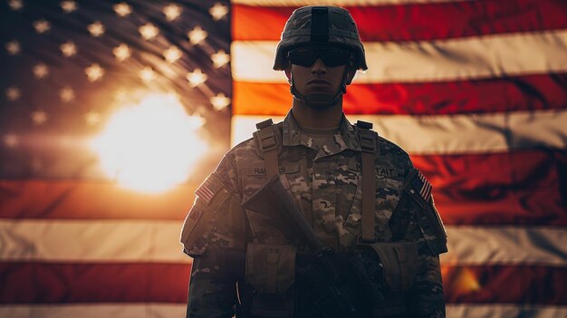 a soldier stands in front of an american flag